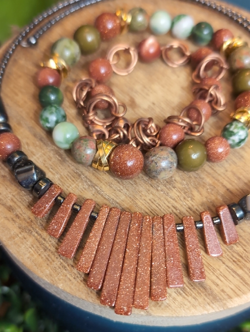 Green Jasper and Copper Goldstone Necklace & Bracelet Trio
